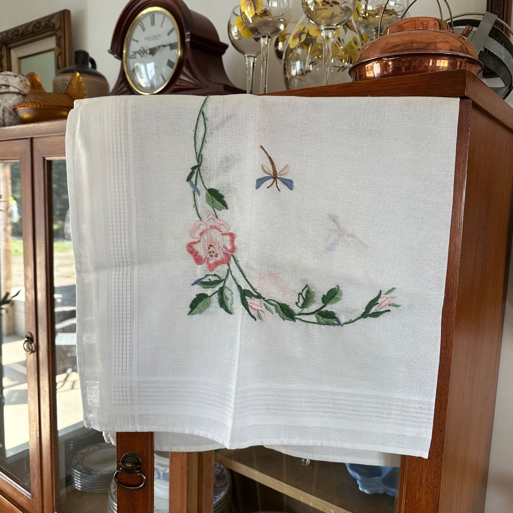 Vintage Embroidered White Square Tablecloth Pink Roses Dragonfly 30x30 Tea Cloth